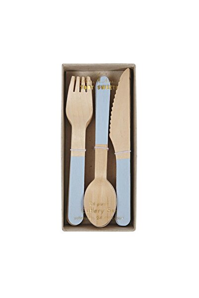 Meri Meri - Blue Wooden Cutlery Set - Mavi Tahta Çatal-Kaşık-Bıçak Set