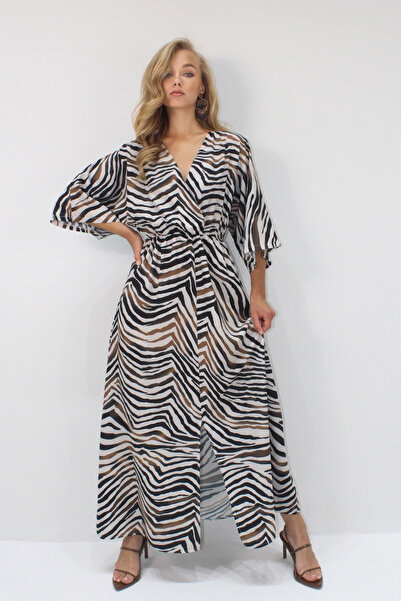 VAGGON Women's Caramel-Black Double Breasted Collar Elastic Waist Bat Sleeve Slit Detailed Maxi Dress Vs00220