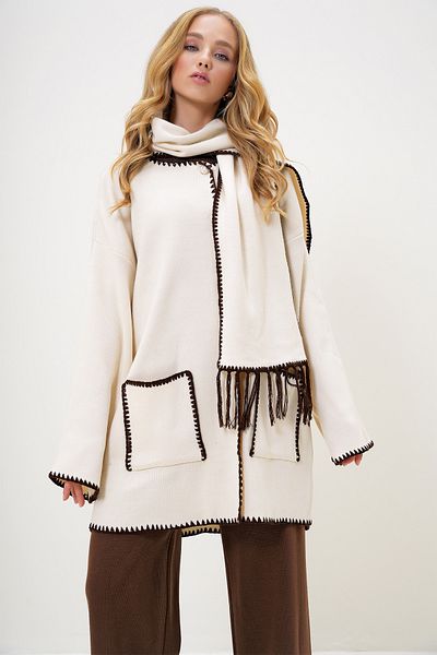 VAGGON Women's Cream Double Pocket Shepherd Stitched Detail Oversize Cardigan and Scarf Set Tyc07Ce3776E3D82855Ea1600