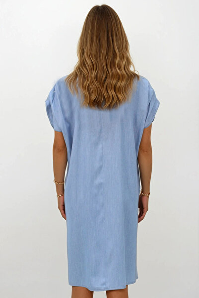 VAGGON Women's Blue Shirt Collar Fabric Shoulder Pleat Detail Short Sleeve Woven Dress Vs00273