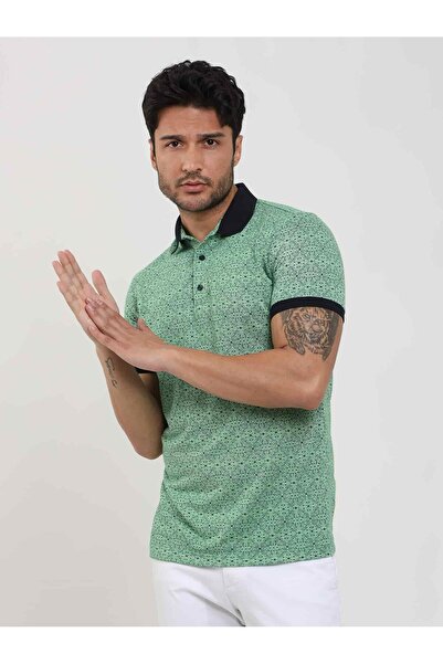 Dufy Yeşil Erkek Slim Fit Desenli Polo Yaka T-shirt - 70006