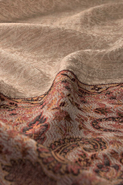 Bursa İpek Tan Wool Shawl - Border Pattern