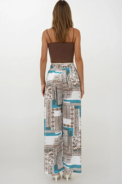 VAGGON Women's Brown Elastic Waist Linen Palazzo Patterned Trousers Vs00219