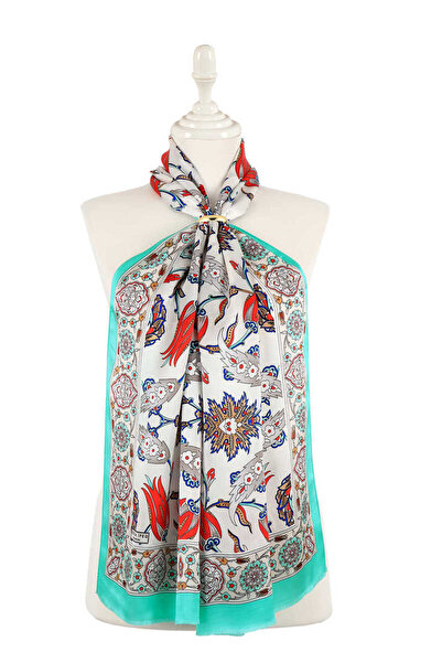 Bursa İpek Eșarfă de mătase cu model Efes cremă verde apă