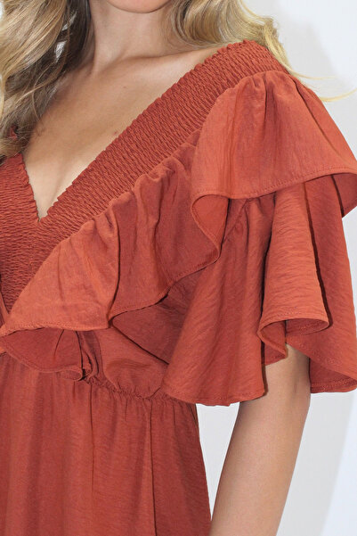 VAGGON Women's Tile Collar Gipeli and Volanli Waist Midiboy Woven Dress Vgn-X8559