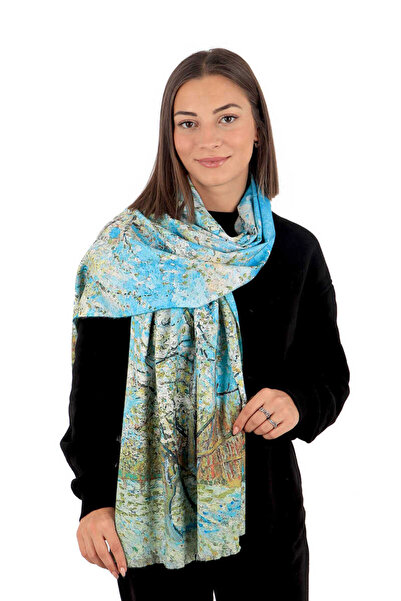Bursa İpek Su Yeşil Şeftali Ağacı Desen Kışlık Şal