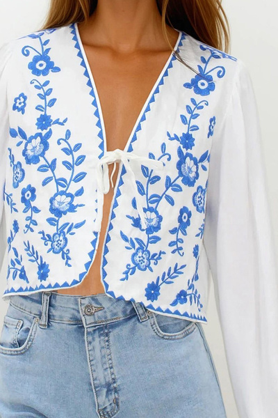 VAGGON Women's Blue Embroidered Tie-Up Ceten Crop Jacket Vs00235