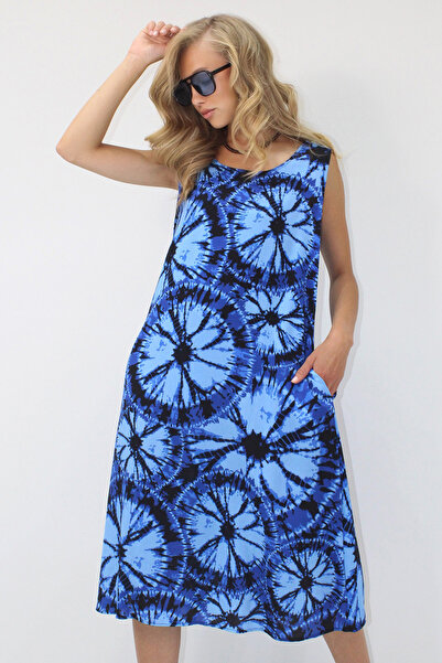 VAGGON Rochie de damă Saks cu decolteu dublu, cu model Tie-Dye, în formă de A...