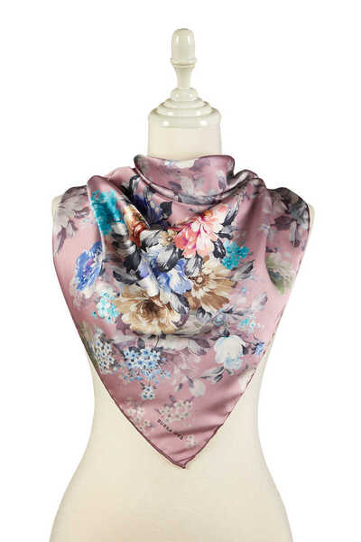 Bursa İpek Dusty Rose Four Flower Pattern Silky Scarf