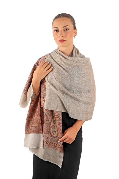 Bursa İpek Tan Wool Shawl - Border Pattern