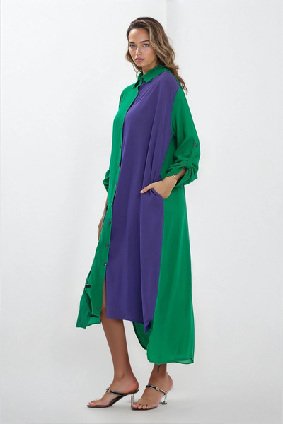 VAGGON Women's Green Shirt Collar Slit Detailed Plus Size Shirt Dress Vs00338