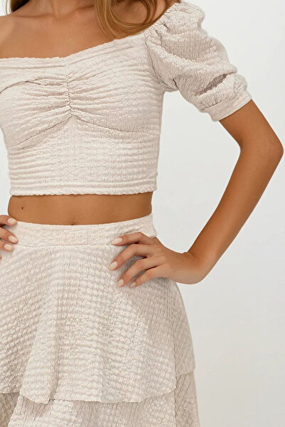 VAGGON Women's Beige Princess Sleeve Gathered Blouse and Skirt Flounced Wrap Suit Vs00227