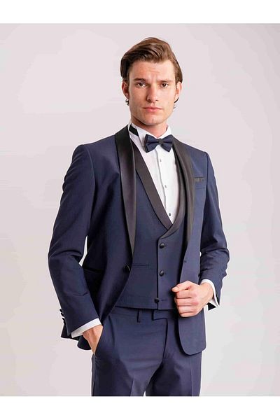 Dufy Men's Slim Fit Navy Blue Tuxedo Suit - Plain Shawl Collar - 35711