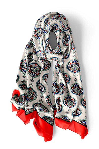 Bursa İpek Red Hatai Pattern Silk Scarf
