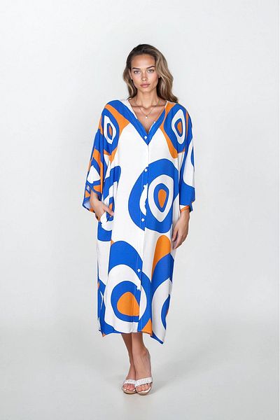 VAGGON Women's Orange Front Button Double Pocket Plus Size Viscose Dress Vs00316