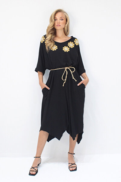 VAGGON Women's Black Asymmetrical Cut V-Neck Embroidery Embroidered Double Pocket Straw Belt Viscose Dress Prmx14198