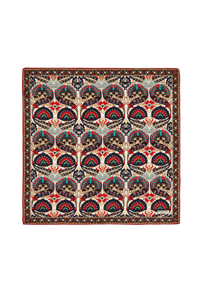 Bursa İpek Ekru Lacivert Tavuskuşu Desen İpek Mendil