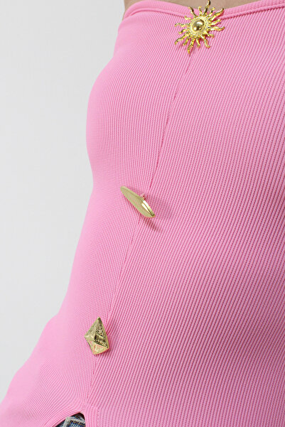 VAGGON Women's Pink Strapless Button Detailed Slit Ottoban Blouse Vs00225