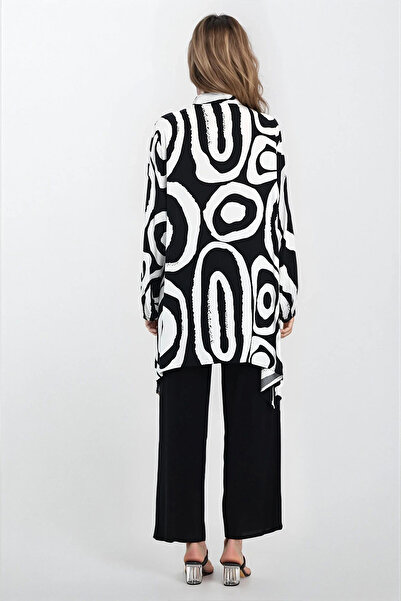 VAGGON Women's Black-White Judge Collar Blouse and Pants Plus Size Bottom Top Set Vs00349