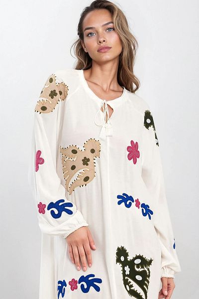 VAGGON Women's White Judge Collar Lace-Up Elasticated Sleeves Patterned Plus Size Dress Vs00317