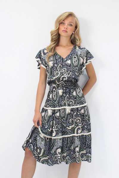 VAGGON Women's Khaki V-Neck Etnic Patterned Fisto Detail Waist Giped Woven Dress Prmx14094
