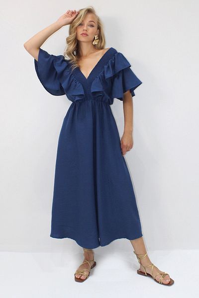 VAGGON Women's Dark Blue Collar Gipeli and Flounced Waist Midiboy Woven Dress Vgn-X8559