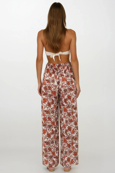 VAGGON Women's Cinnamon Elastic Waist Linen Palazzo Patterned Trousers Vs00219