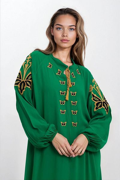 VAGGON Rochie de damă VERDE cu mâneci elastice cu guler domnă cu ciucuri Plus Size VS00355
