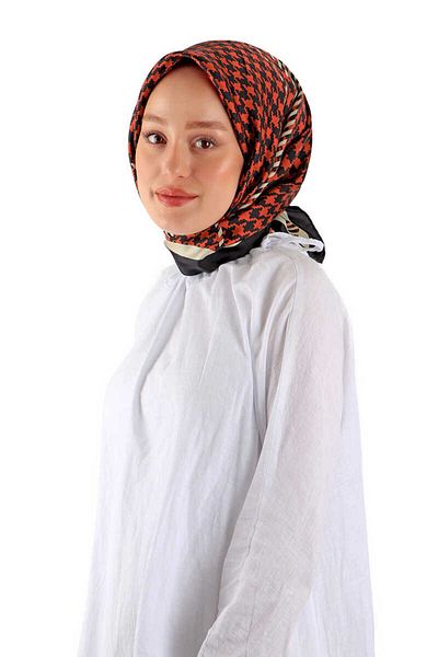 Bursa İpek Twill Silk Scarf - Red Line Houndstooth Pattern