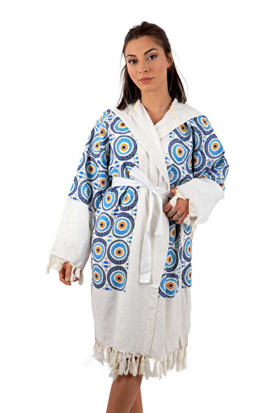 Bursa İpek Turquoise Gold Printed Big Evil Eye Pattern Bathrobe