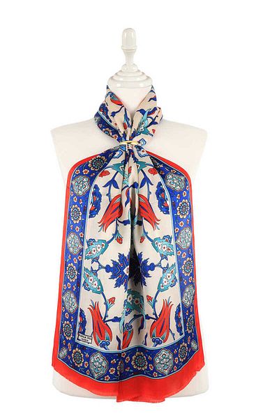 Bursa İpek Red Saxe Ephesus Pattern Silk Scarf
