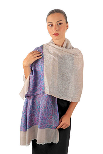 Bursa İpek Patterned Border Blue Wool Shawl