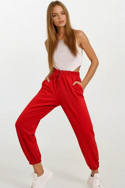 VAGGON Women's Red Two-Thread Sweatpants with Elasticated Legs Urt8090