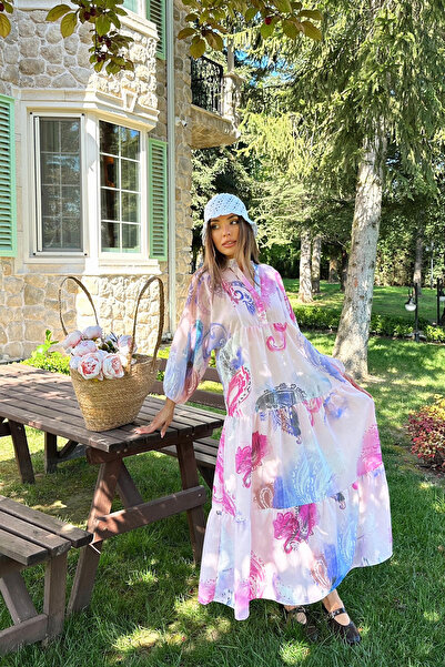 VAGGON Women's Pink Color Block Court Collar Half Placket Maxi Length Dress Vs00174