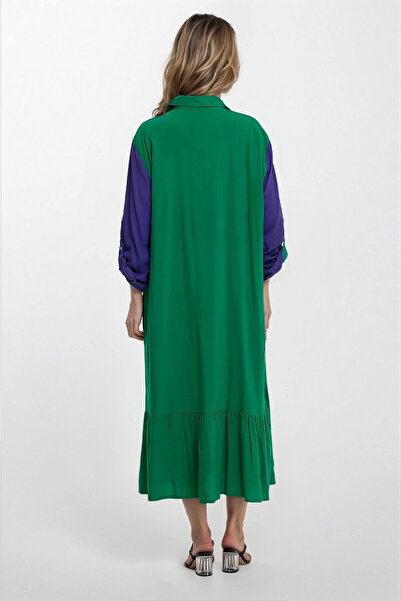 VAGGON Women's Green Shirt Collar Color Block Flower Embroidery Plus Size Shirt Dress Vs00341