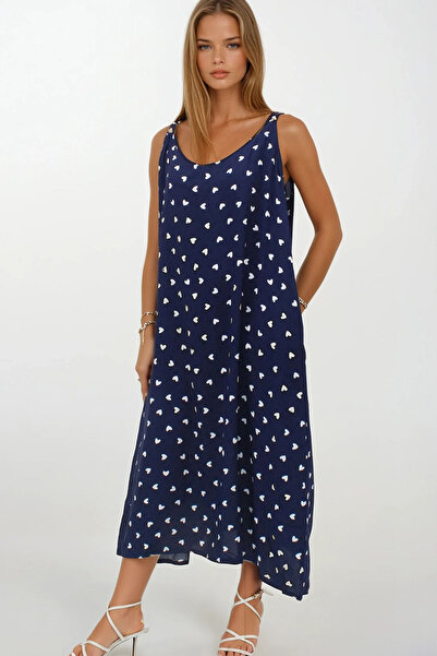 VAGGON Kadın Lacivert Çift Cepli Rahat Kesim Desenli Elbise Vs00271