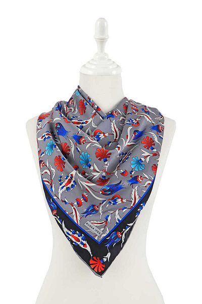 Bursa İpek Gray Turkish Motif Carnation Tulip Pattern Silky Scarf
