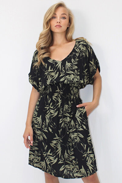 VAGGON Γυναικείο φόρεμα με λαιμόκοψη V με διπλή τσέπη με μοτίβο μέσης με υφαντό βισκόζη Prmx14201