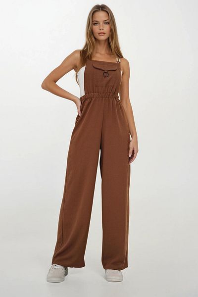 VAGGON Women's Bitter Brown Aerobin Salopet Trousers with Front Pockets and Strap Ring Detail Prmx13581