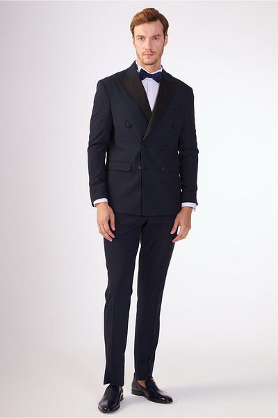 Dufy Costum smoking pentru bărbați, albastru bleumarin, slim fit, cu guler drept - 92385