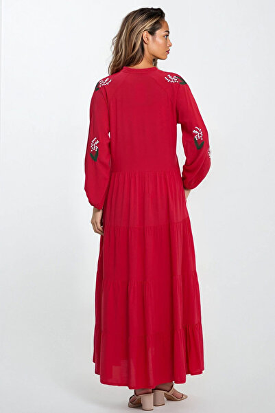 VAGGON Women's Red Embroidery Judge Collar Lace-Up Plus Size Dress Vs00321