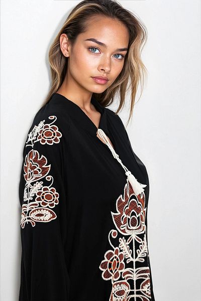 VAGGON Women's Black Judge Collar Lace-Up Embroidery Embroidered Plus Size Dress Vs00325