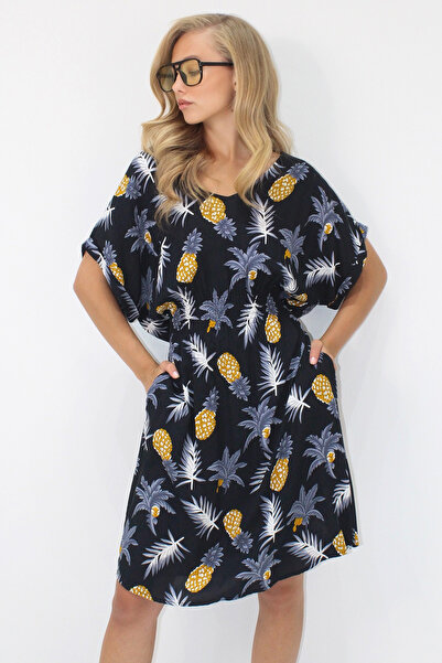 VAGGON Γυναικείο μαύρο φόρεμα με λαιμόκοψη V με διπλή τσέπη με σχέδιο μέσης με υφαντό βισκόζη Prmx14201