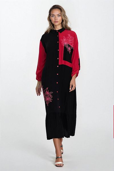 VAGGON Women's Black Shirt Collar Color Block Flower Embroidery Plus Size Shirt Dress Vs00341