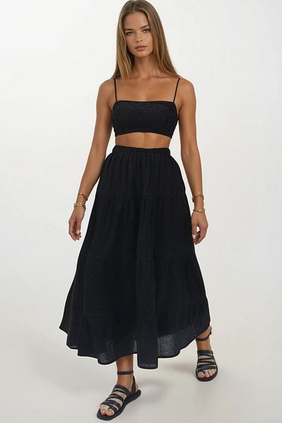 VAGGON Women's Black Lined Layered Flounce Midi Length Skirt Vs00276