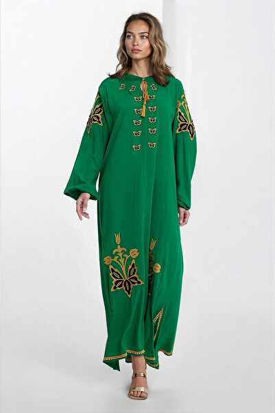 VAGGON Women's Green Elastic Sleeves Judge Collar Tassel Plus Size Dress Vs00355