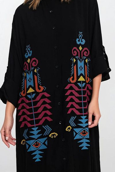 VAGGON Cămașă neagră pentru femei, cu nasturi, broderie, fustă brodata, cu volane, rochie de mărime mare VS00331