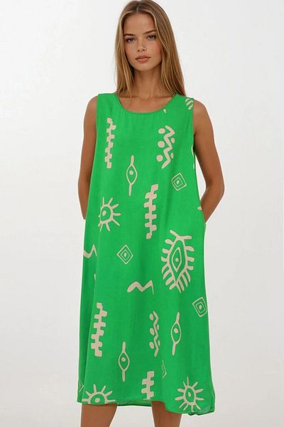 VAGGON Women's Green Patterned Double Pocket Sleeveless Relaxed Cut Dress Vs00269