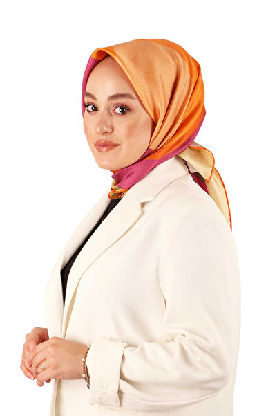 Bursa İpek Πορτοκαλί Φούξια Γεωμετρικό Μοτίβο Μεταξωτό Φουλάρι