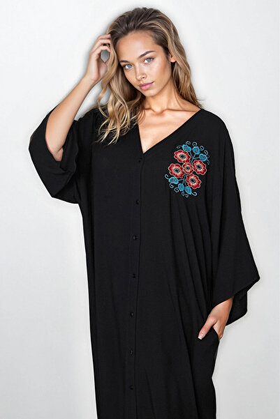 VAGGON Γυναικείο μαύρο κέντημα με κουμπιά μπροστά Φόρεμα βισκόζης σε μεγάλο μέγεθος Vs00312